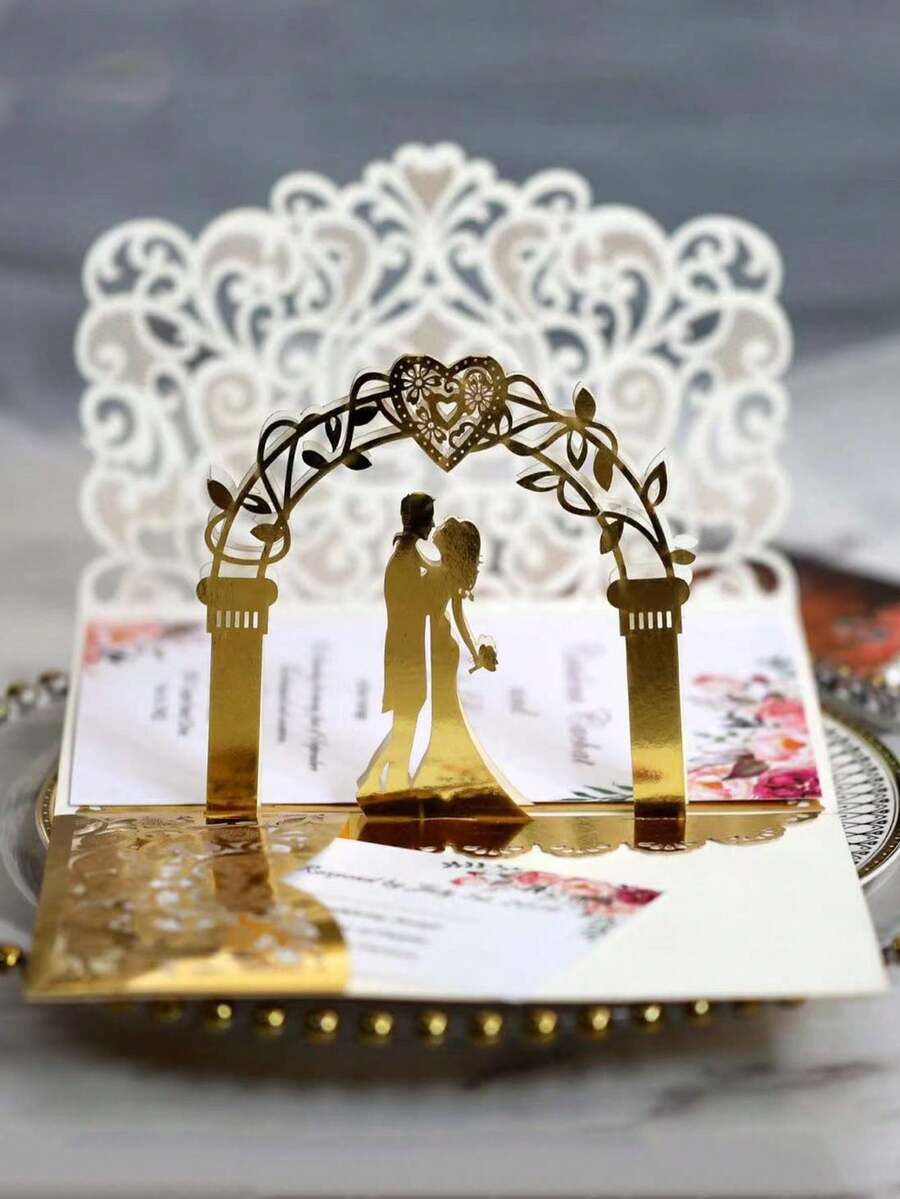 15/3件套优雅3D立体弹出式婚礼邀请函,激光切割三折新郎新娘蕾丝卡片,适用于婚礼、订婚仪式和婚礼主题派对,完美的婚礼邀请函 - 均碼 - 查看 1