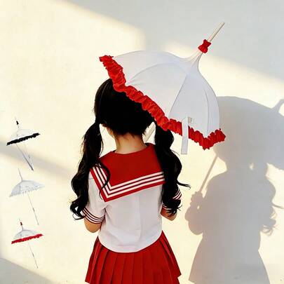 Ombrello a pagoda in stile Lolita per donna, adatto per fai-da-te e artigianato, con manico lungo in pizzo vittoriano retrò, accessorio per fotografia di matrimonio, carino per cosplay e feste estive (senza funzione di protezione da sole/pioggia)