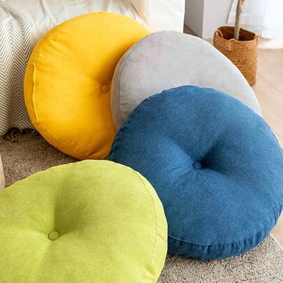 1pc Round Floor Cushion, 40cm Diameter Japanese Style, Soft Linen Fabric & Thick Cotton Filling, Minimalist Solid Color Tatami Mat, Non-Slip Bottom Round Seating Pad, Versatile Meditation Yoga Pillow For Living Room Balcony, Cozy Home Decor For Daily Use & Housewarming Gift