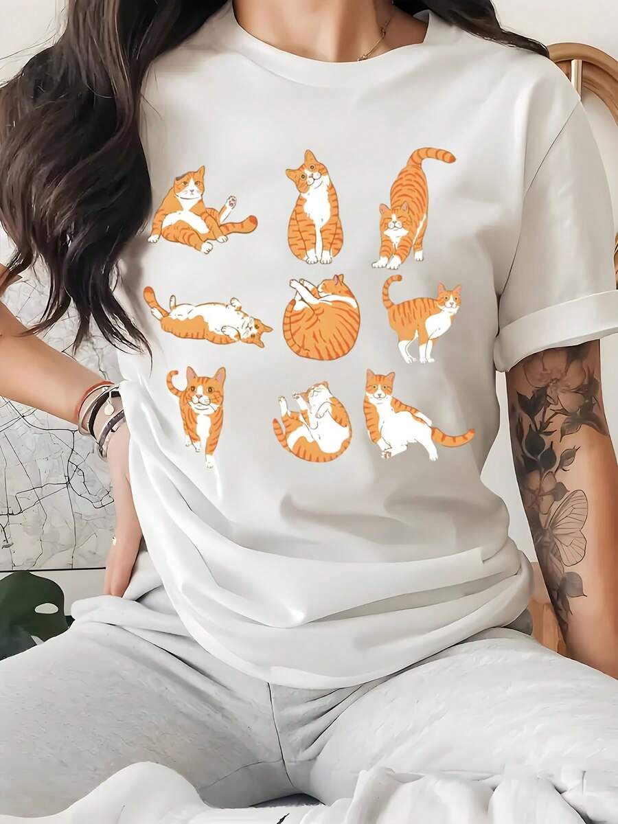 Cute Orange And White Cats Print Women Casual T Shirt Soft Comfortable Gift For Cat Lovers Perfect For Birthday Christmas Holiday - 白色 - 查看 1