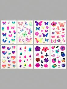 8pcs Dreamlike Colorful Butterfly & Floral Temporary Tattoo Stickers, Waterproof & Long-Lasting, Fresh Gradient Girl Style, Sweet & Romantic Atmosphere, Unisex For Wrist, Cheek Decoration, Mixed Designs With Fluorescent Effect - Multicolor - View 11