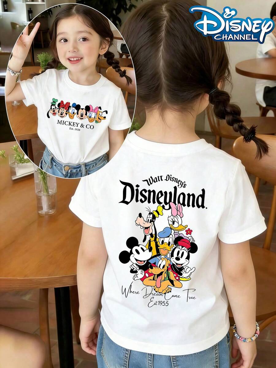 Disney Retro Disneyland Squad Summer Graphic Tee, Perfect For Cute Girls. Teen Girl Gift,Comfortable And Breathable Children's Short-Sleeved T-Shirt. 180g Pure Cotton Children's Clothes,Suitable For Both Boys And Girls.Suitable For Daily Wear, Vacations, Outdoor Activities, And As A Children's Gift. - 白色 - 查看 1