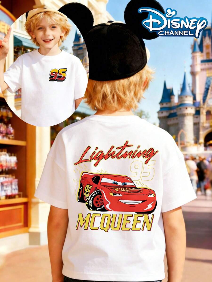 Disney Cars Lightning McQueen 95 Racing Summer Graphic Tee, Perfect For Cool Boys. Teen Boy Gift,Comfortable And Breathable Children's Short-Sleeved T-Shirt. 180g Pure Cotton Children's Clothes,Suitable For Both Boys And Girls.Suitable For Daily Wear, Vacations, Outdoor Activities, And As A Children's Gift. - White - View 1
