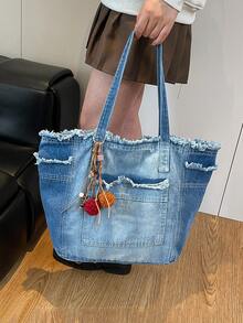 Túi tote denim dung tích lớn mới, túi xách đeo vai đa năng, túi xách tay, túi đi học cho học sinh. - Màu xanh lam - Xem 4