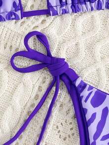 2pcs/Set Women Leopard Print Spaghetti Strap Tie Sexy Bikini Swimwear, Suitable For Beach Vacation Summer - Màu tím - Xem 10