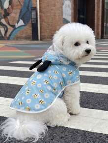 LUCKIE PAL 1pc Bee & Flower Print Waterproof Raincoat For Cats & Dogs, Suitable For Rainy Days - Dusty Blue - View 6