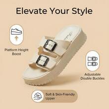 FZY Women's Double-Buckle Flat Sandals, Adjustable Strap Open-Toe Sandals, Non-Slip, Comfortable, Warm-Season Footwear, Lightweight And Waterproof Women's Shoes. A Versatile Shoe Suitable For Everyday Wear, Beach Vacations, Poolside, Back-To-School Season, Spring Break, Independence Day, And Outdoor Activities. Features A Soft, Cushioned Insole, Shock Absorption Technology, A Smooth Synthetic Upper, And A Durable, Non-Slip Outsole. It Comes With Adjustable Metal Buckles For A Personalized Fit. The Thick Platform Sole Adds A Slight Height Without Sacrificing Comfort. The Cushioned Padding Reduces Foot Fatigue Throughout The Day, And The Non-Slip Outsole Provides Reliable Grip On Both Wet And Dry Surfaces. The Lightweight, Waterproof Construction Is Ideal For The Beach And Pool, And It's Easy To Clean And Dries Quickly. - 卡其色 - 查看 5