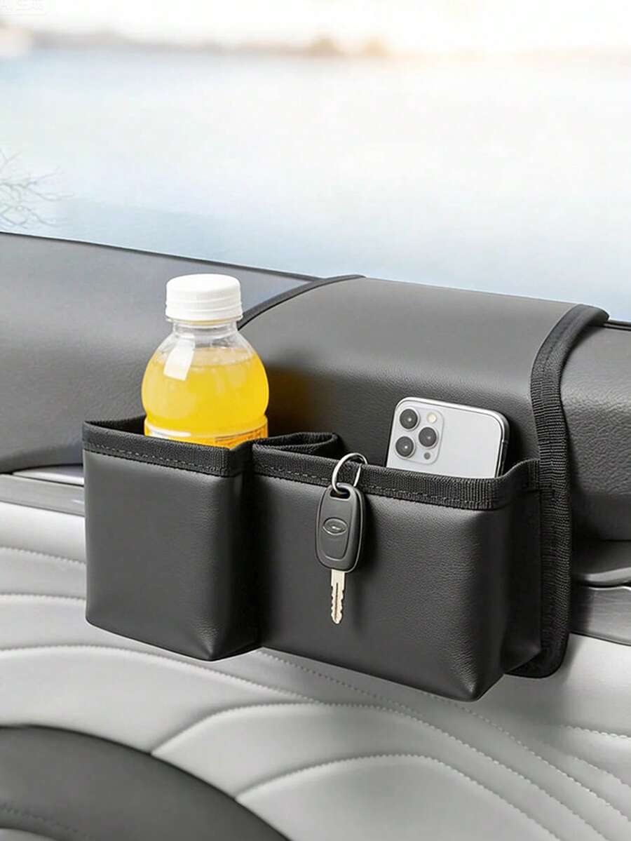 2pcs Car Window Side Storage Bag - 2 Pockets, PU Leather Surface, Sticky Base, Fits Standard Window Gaps, Suitable For Keys, Phones, Snacks And Water Bottles, Car Window Armrest Storage Box, Door Side Storage Bag, Phone Holder And Storage Pouch