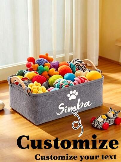 Cesta de almacenamiento personalizada para juguetes de mascotas - Organizador plegable multiusos, contenedor de almacenamiento personalizado para juguetes y ropa de perro. Forro grueso extraíble y lavable, asa de madera. Almacenamiento esencial para mascotas.