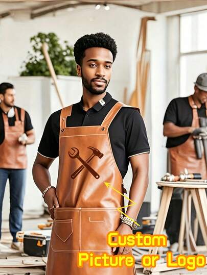 1pc Customized Logo PU Leather Work Apron, Suitable For Butcher, Barber, Gardening, Father's Day Birthday Gift For Lover, Father