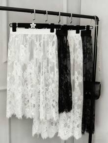 1-Pack Women's Mid-Length Lace Sheer Skirt, Elegant High Waist Floral Lace Half Skirt, Elastic Adjustable Waist Beach Hip Cover Skirt, Suitable For Spring Autumn Winter & Sweatshirt Matching - Multicolor - View 2