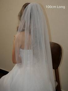 1 pieza Velo nupcial largo y transparente de estilo catedral de una sola capa con brillo, color blanco con peine de metal, Día de San Valentín - Blanco - Ver 16