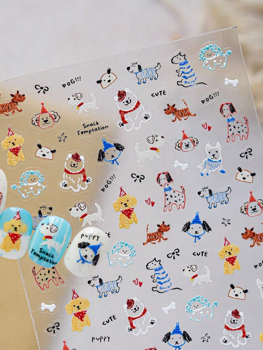 1pc 5D Embossed Kawaii Simple Line Puppy Nail Art Stickers Relief Cartoon Colorful Dog Manicure Decorations Decal Accessories DIY - Multicolor - View 1
