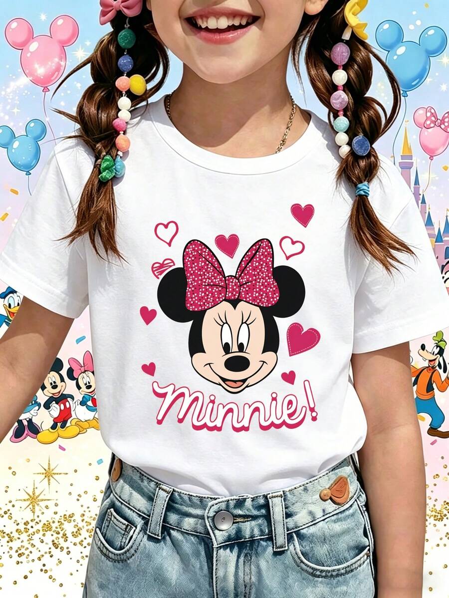 Disney Minnie Mouse Heart Design Printed Girls' T-Shirt - Children's Clothing Design Short-Sleeved Casual And Cute Style Comfortable And Loose Fit Suitable For Both Boys And Girls Ideal For Parties And Playtime Machine Washable Girls' Short-Sleeved Shirt - 白色 - 查看 1