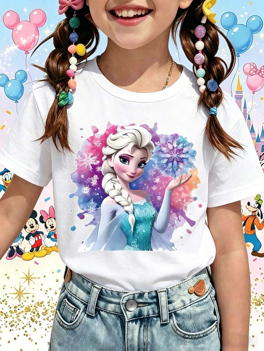 Disney Frozen Elsa Magic Printed Girls' T-Shirt - Children's Clothing Design Short-Sleeved Casual And Cute Style Comfortable And Loose Fit Suitable For Both Boys And Girls Ideal For Parties And Playtime Machine Washable Girls' Short-Sleeved Shirt - 白色 - 查看 1