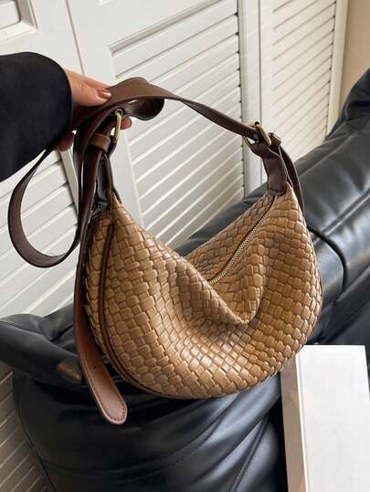 1pc Contrast Color PU Faux Woven Crescent Shoulder Bag, Large Capacity