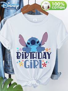 Disney Collaboration Licensed Stitch From 'Lilo & Stitch' Birthday Party Print Women'S Round Neck Shirt, Suitable For Wearing In Spring, Summer, And Autumn, A New Versatile Casual Soft And Comfortable Oversized T-Shirt - trắng - Xem 6