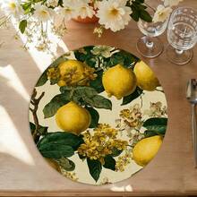 A Circular Placemat Featuring Fresh Lemon, Green Leaves, And Water Droplets, Suitable For Use In Spring, Summer, Autumn, And Winter. It Adopts A Multi-Color Pattern Design And Is Woven From 100% Polyester Fiber. - Multicolor - View 8