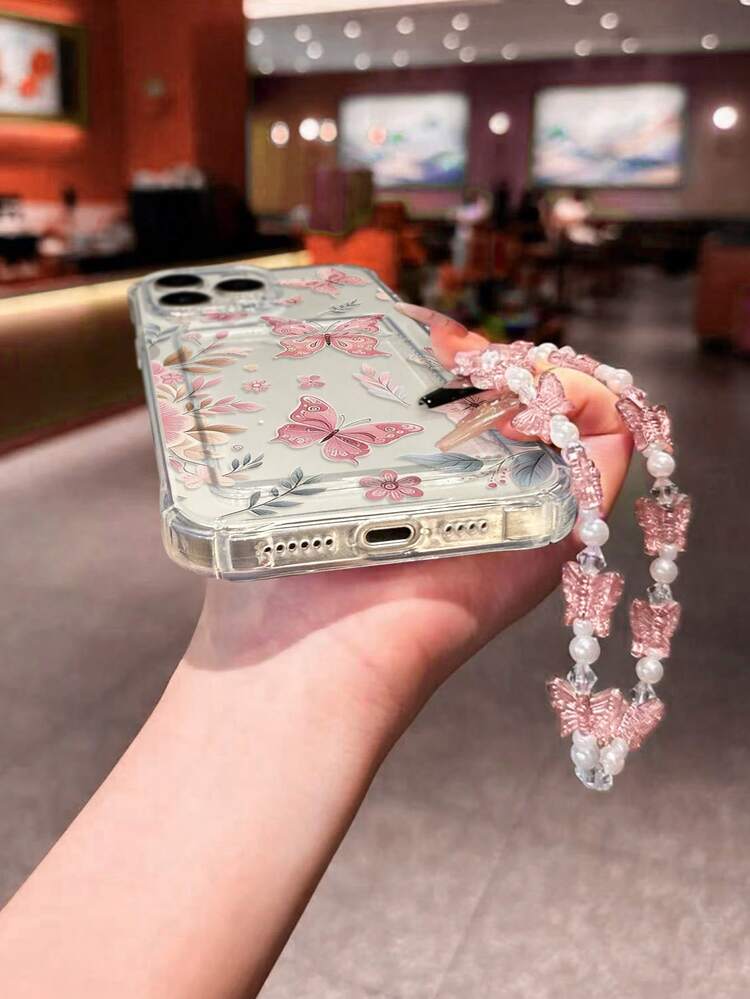 蝴蝶彩绘透明可拆卸腕带卡包多功能卡套，配可拆卸蝴蝶仿珍珠吊坠，加厚防摔手机保护套 - 粉色 - 查看 4