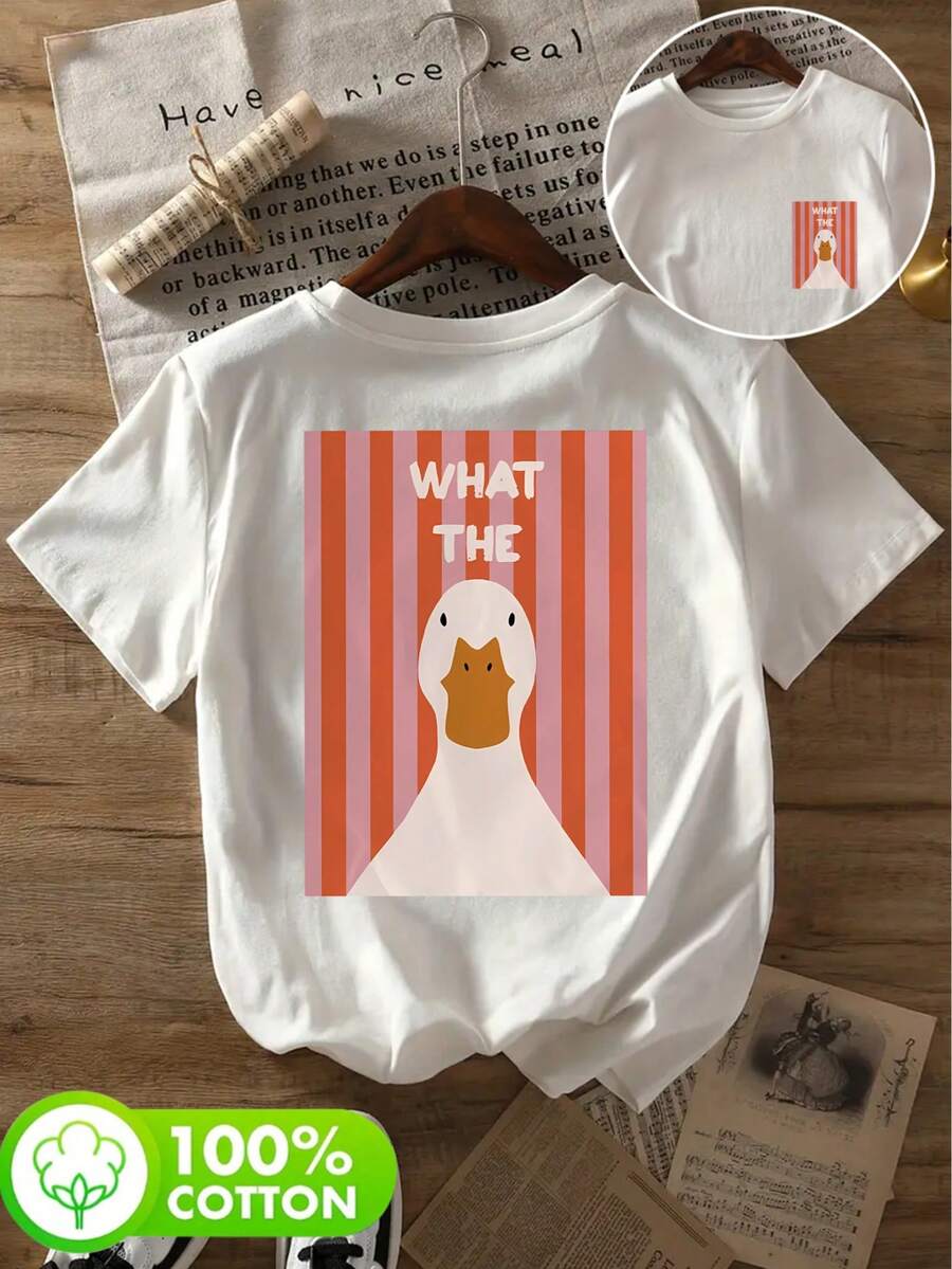 Áo thun cổ tròn tay ngắn đơn giản dành cho nữ, được làm từ chất liệu cotton nguyên chất mềm mại và thoáng khí. Kiểu dáng vừa vặn, dễ mặc hàng ngày, với họa tiết hình những chú ngỗng trắng to dễ thương. Thích hợp cho đi làm, đi học và những buổi đi chơi thường ngày vào mùa xuân, hè và thu. - trắng - Xem 1