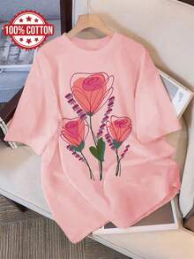 Damtoppar 2026 Casual dam-T-shirt | Handritat tryck med rosenstjälkar och blomknoppar, avslappnad passform, korta ärmar, rund halsringning sommaroutfit för kvinnor - [Vit] - Visa 8