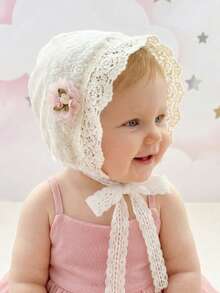 1pc White Pointed Lace Flower Retro Hat, Embroidered Headpiece, Soft Regal Style Cap - Pink Floral Print - View 3