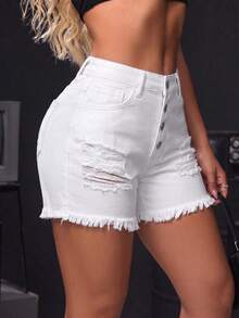Mid-Rise Medium Wash Blue Distressed Hem Denim Shorts, Women's Casual Retro Daily Wear - White - View 5