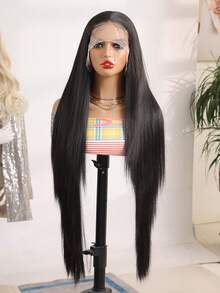 34-Inch Colorful 13*4 Lace Front Wigs With Soft, Straight Black Hair Texture, Japanese Fiber Wig Suitable For Daily Wear And Parties, Enhancing Beauty | Bold Styling Wigs | Luxurious Wigs - Black - View 3