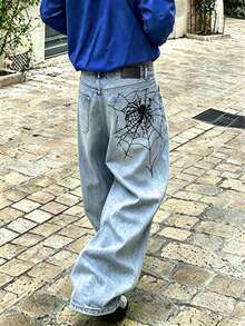 Fashion Streetwear Hip-Hop Spider Web Embroidery Straight Loose Wide Leg Denim Jeans For Men, Back Pocket Embroidery Fake Pocket Design - Blue - View 2
