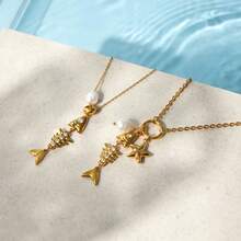 S SHOPBOHO 1 chiếc dây chuyền hình xương cá màu vàng, khóa cài OT mạ vàng, dây xích nhiều lớp hình chữ V, kiểu dáng đơn giản, thanh lịch, làm bằng thép không gỉ, chống thấm nước, dành cho nữ. - Xương cá - Xem 5