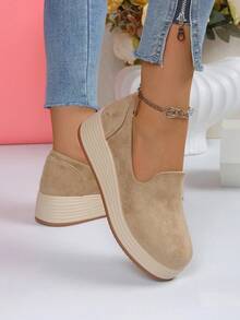 New Arrival Platform Thick Sole Slip-On Shoes, Fashionable Casual Loafers For All Seasons - Khaki - View 4