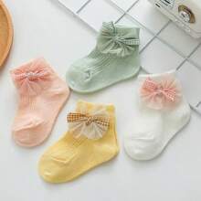 4 Pairs Girls' Dopamine Color Socks, Super Thin Lace Mesh Breathable, Bow Princess INS Style Baby Socks, Summer - Multicolor - View 8