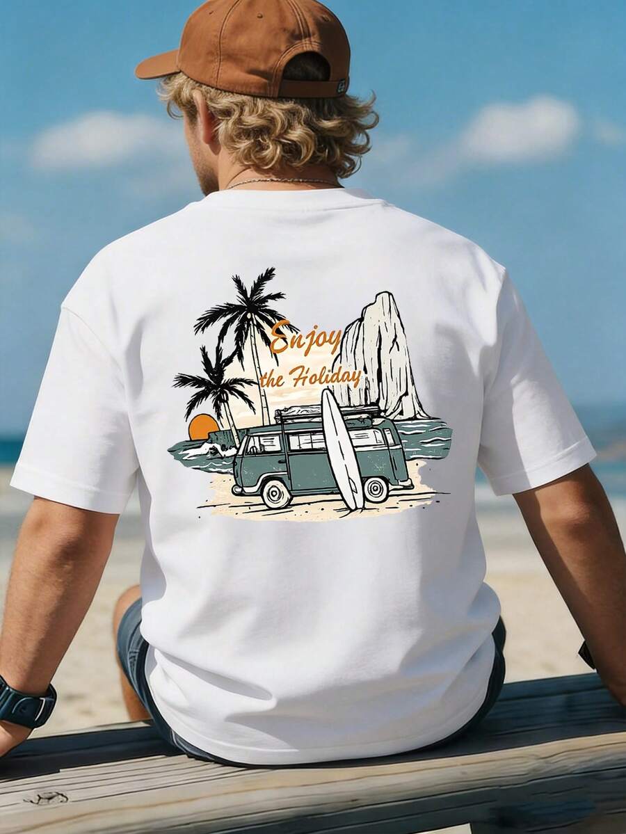 Men's Fashionable Versatile Casual Beach Coconut Tree Print Round Neck T-Shirt, Summer - White - View 1