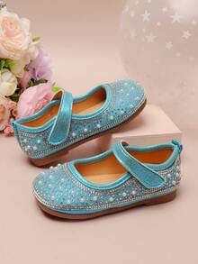 1 Pair Baby Rhinestone Flat Slip-On Shoes, Fashion Versatile Hook & Loop Shallow Square Toe Princess Shoes For Girls - Baby Blue - View 2