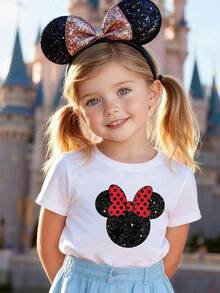 Disney Girls T-Shirt 6 Months-3 Years Glitter Minnie Mouse Head Print Red Bow Kids Short Sleeve Tee Summer Casual Wear Birthday Party Outfit Express Delivery - trắng - Xem 1