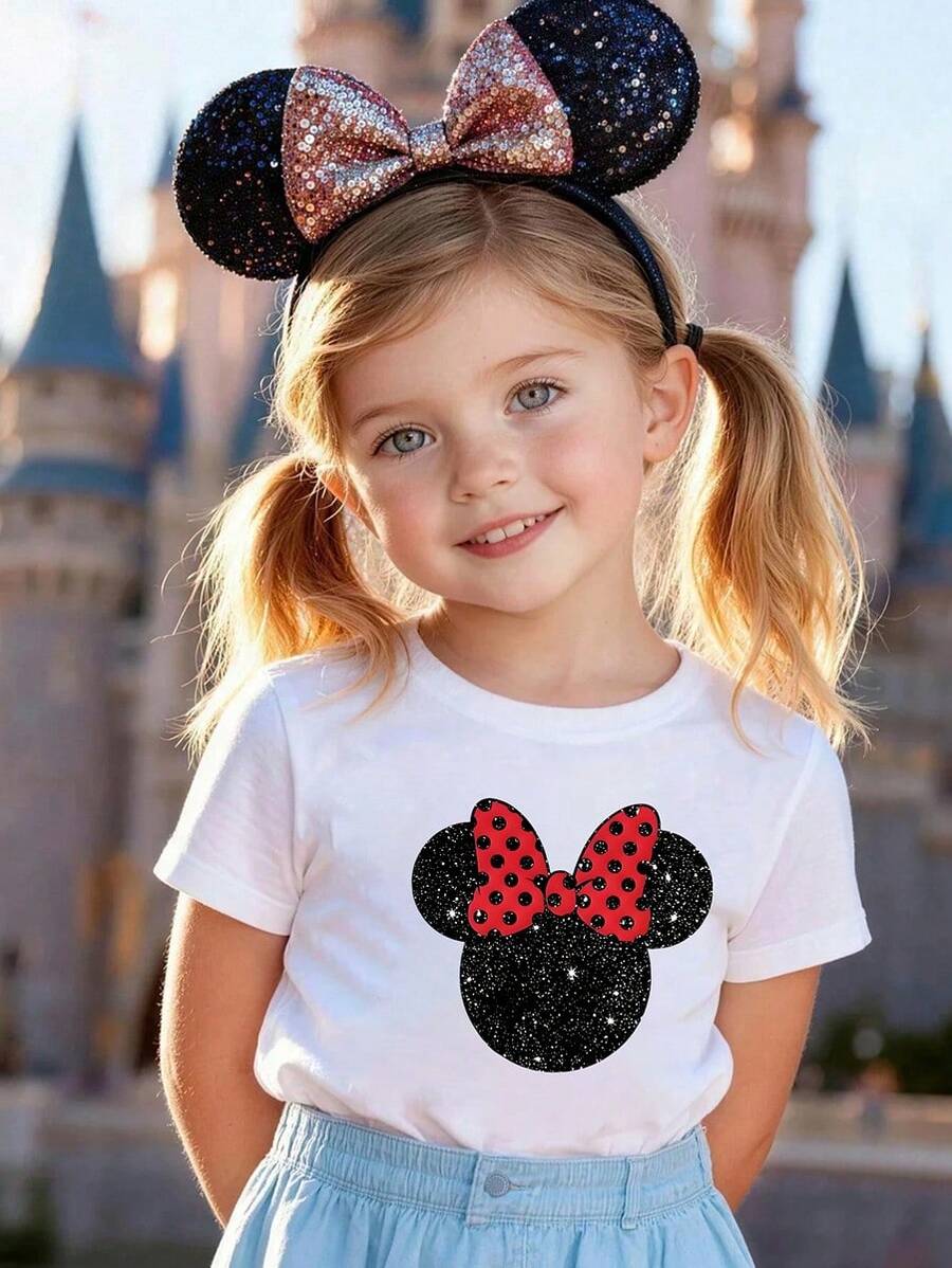 Disney Girls T-Shirt 6 Months-3 Years Glitter Minnie Mouse Head Print Red Bow Kids Short Sleeve Tee Summer Casual Wear Birthday Party Outfit Express Delivery - trắng - Xem 1