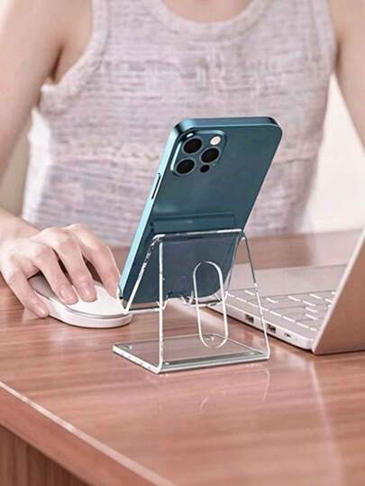 1pc Transparent Acrylic Phone Stand, Desk Tablet Holder, Dormitory Decor, Portable Bedside Slouchy Bracket