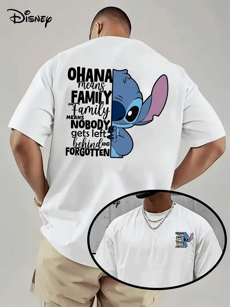 [Disney Licensed]Disney Lilo & Stitch Stitch "Ohana Means Family" Peeking Graphic T-Shirt, Men's Oversized Front & Back Print Short Sleeve Tee, Retro Family Themed Streetwear Top For Summer Daily Wear, Back To School, Stitch Fans Gift, Family Gift, Casual Outings & Teen Fashion, Disney Officially Authorized Men's Short-Sleeved T-Shirts, Mens Clothes, Men, Ropa De Hombre, Summer Clothes, Men Shirts, Graphic Tees, Disney Outfits Men, Graphic Tees, Camisetas Para Hombre, Camisas Para Hombre, Summer Outfits For Men, Father's Day Gift, Perfect Gift For Family And Friends, Which Are Necessary For Birthday Parties, Disney Shirts, Mens Clothes, Summer Clothes, Officially Licensed Disney T-Shirts, Disney Men's And Women's Spring/Summer Fashion Casual Short-Sleeve T-Shirts - 白色 - 查看 1