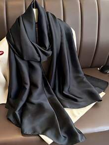 新款真丝缎纯黑色披肩围巾 1 件 - 黑色 - 查看 1