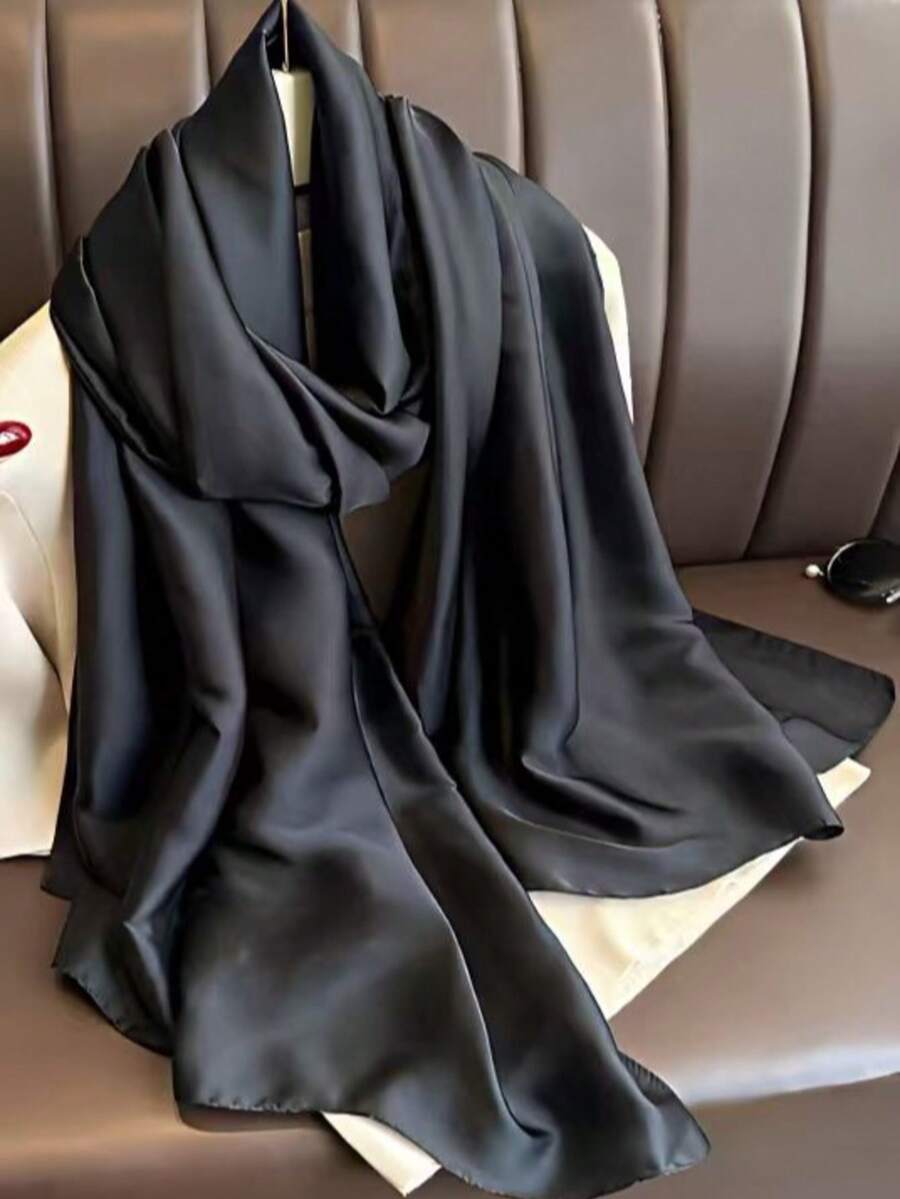 新款真丝缎纯黑色披肩围巾 1 件 - 黑色 - 查看 1