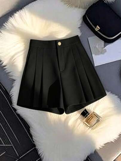 Quần short nữ dáng chữ A xếp ly thanh lịch, thời trang, khóa kéo phía trước, eo chun, thoải mái, có túi tiện dụng, thích hợp cho mùa hè.