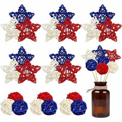 24 piezas Bolas de ratán tejidas, bolas de ratán tejidas con forma de estrella, decoración del hogar DIY para el 4 de julio, relleno de jarrón de primavera, decoración de escritorio, estrella patriótica roja blanca y azul, celebrar el 250 aniversario de EE. UU., decoración del hogar, artesanía del Día de la Independencia, relleno de jarrón y tazón, así como decoración de mesa para fiestas