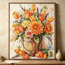 European Watercolor Floral Cross Stitch DIY Kit, Tulip & Dahlia Full Embroidery Wall Hanging, Beginner Handcraft Set - Multicolor - View 13