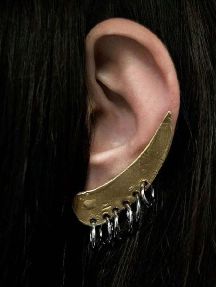 1 đôi bông tai màu vàng cổ điển có dây xích, bông tai kim loại kiểu Gothic với khóa cài, phong cách Punk Rock, trang sức unisex - Kẹp tai - Xem 1