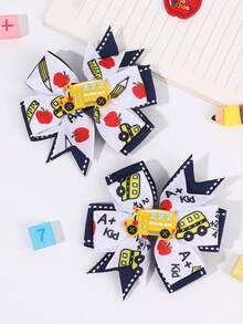 2pcs/Set School Bus&Apple Pattern Hair Clips,Navy Blue&White Alligator Clip With Satin Bow,Pencil Letter Ruler Print,Back To School Hair Accessories - Multicolor - View 8