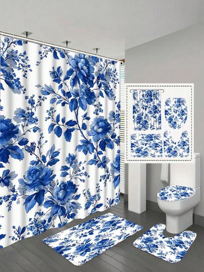 1/4pcs Vibrant Floral Bathroom Curtain Set, Colorful Design, Washable Shower Curtain With 12 Hooks For Bathroom Decor, 2D Flat Style