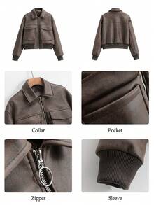 Women's Faux Leather Brown Biker Jacket, Short Distressed Coat - Brown - View 5