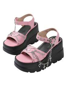 Women Punk Platform Sandals High Wedges Heel Metal Chain Buckle Strap Open Toe Shoes Heart Goth Dress Party Comfy Sandals Valentines - 粉色 - 查看 3