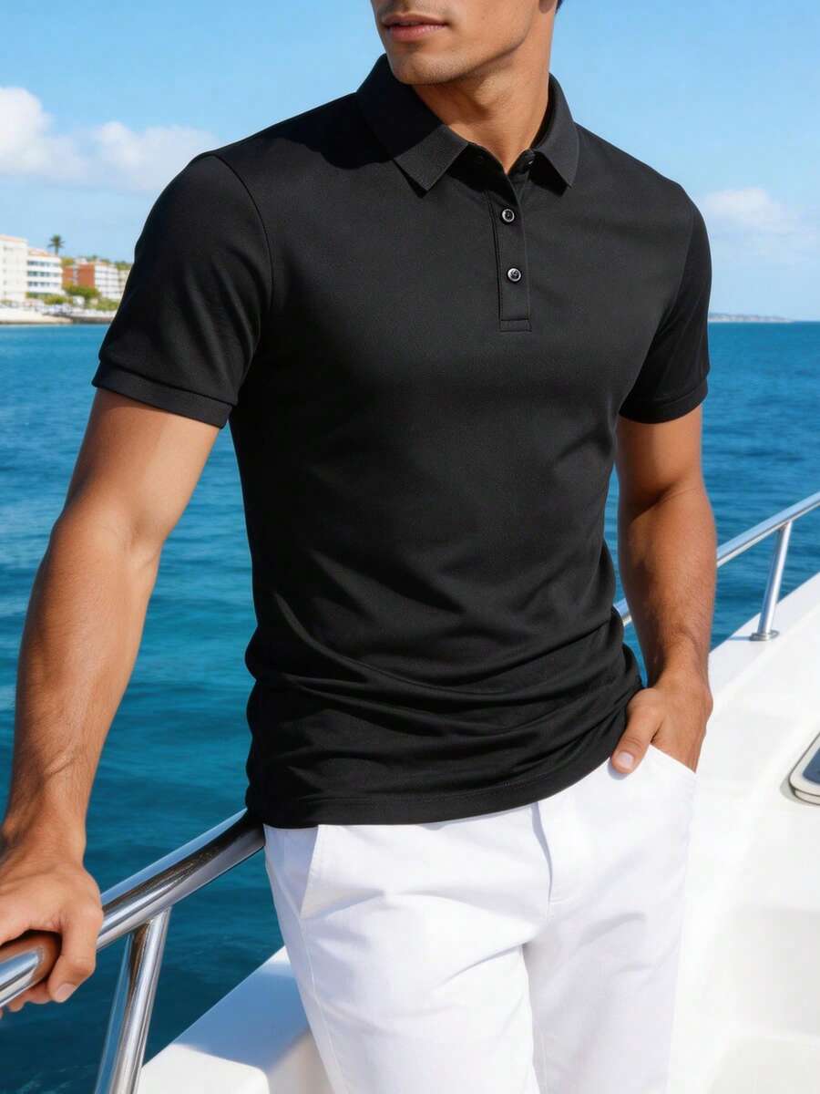 Herren einfarbiges atmungsaktives modisches lässiges Business Fitness elastisches Poloshirt, Boyfriend-Stil schwarz für den Sommer - Schwarz - Übersicht 1