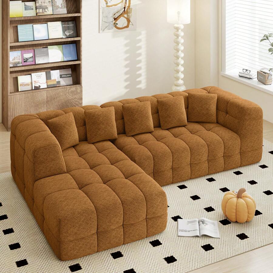 Nalupatio 107" Chenille Boneless Couch With L - Shaped Chaise, Comfy Modular Sectional Sofa With Tufted Design, Modern Upholstered Sofa, No - Assembly Sectional Couch,Brown - 棕色 - 查看 1
